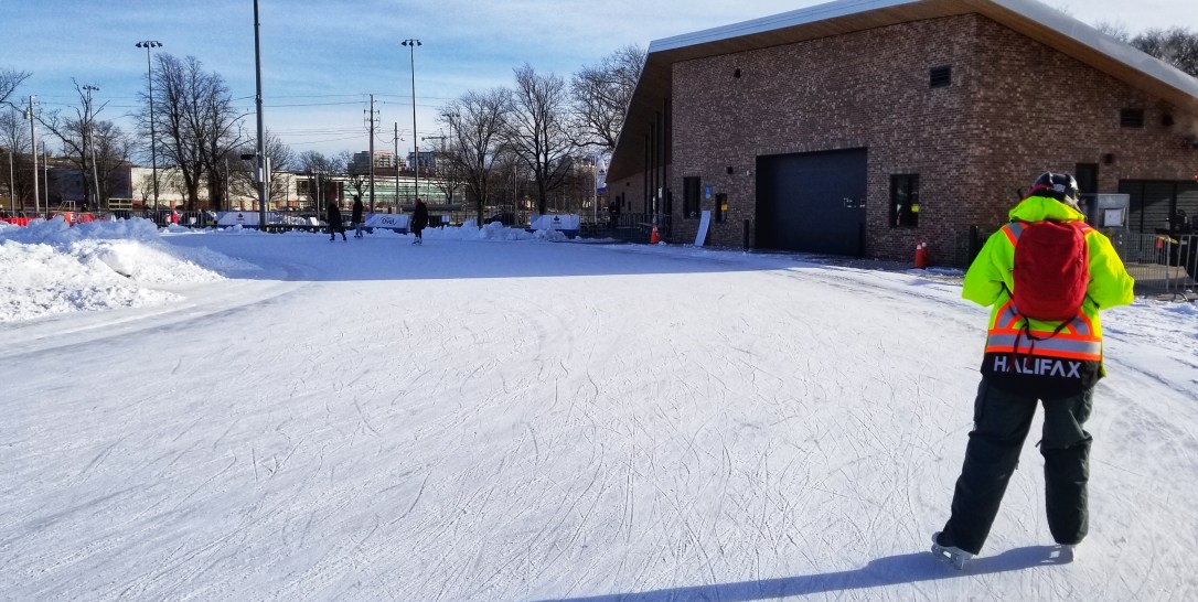 A man skates on the Halifax Emera Oval on a cold winter's day. 