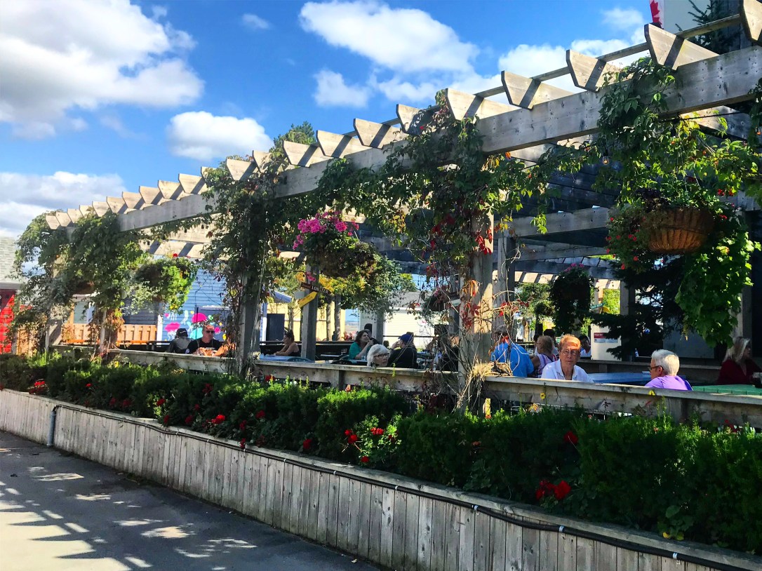 People enjoying food on a warm summer day on a beautiful, flower-covered patio.